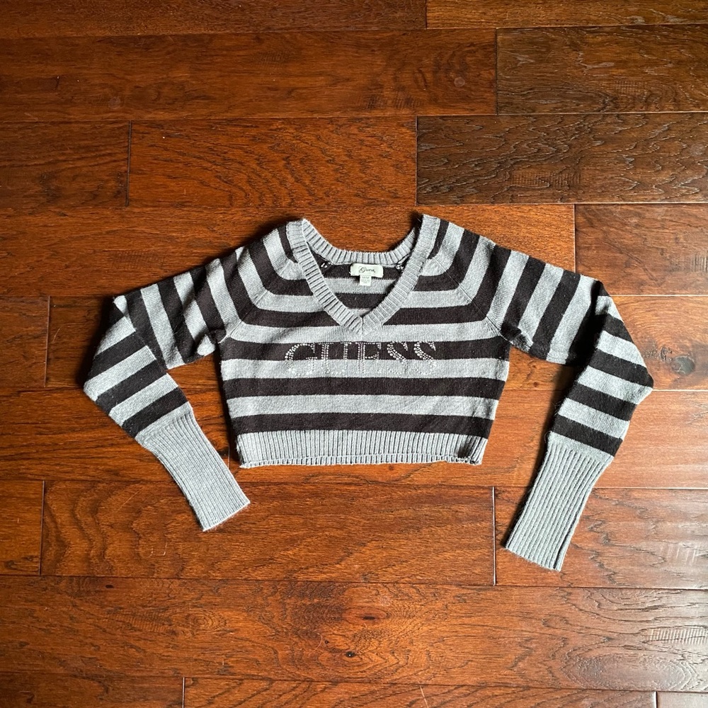 Black and Gray Vintage Guess Micro Sweater with Diamante Rhinestone Logo Detail